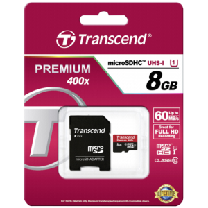Κάρτα Μνήμης Transcend microSDHC 8GB Class 10 UHS-I 400x + SD Adapter